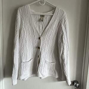 Vintage LL Bean Womens Cable Knit Cardigan White Fisherman Cotton